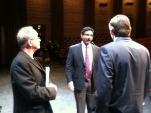 Bill Ayers and Dinesh D'Souza prepare for their debate at Dartmouth College.